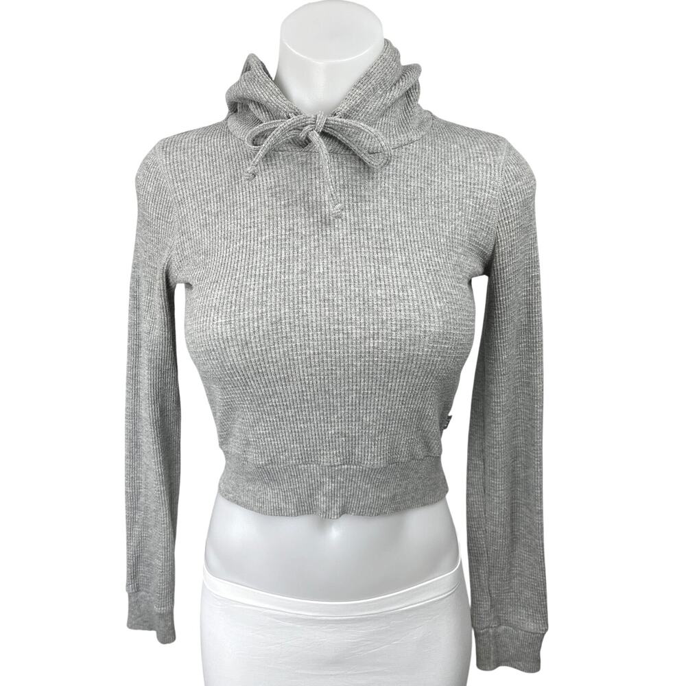 Aritzia TNA Gray Waffle Knit Long Sleeve Hooded Hoodie Crop Sweater Top Size XXS